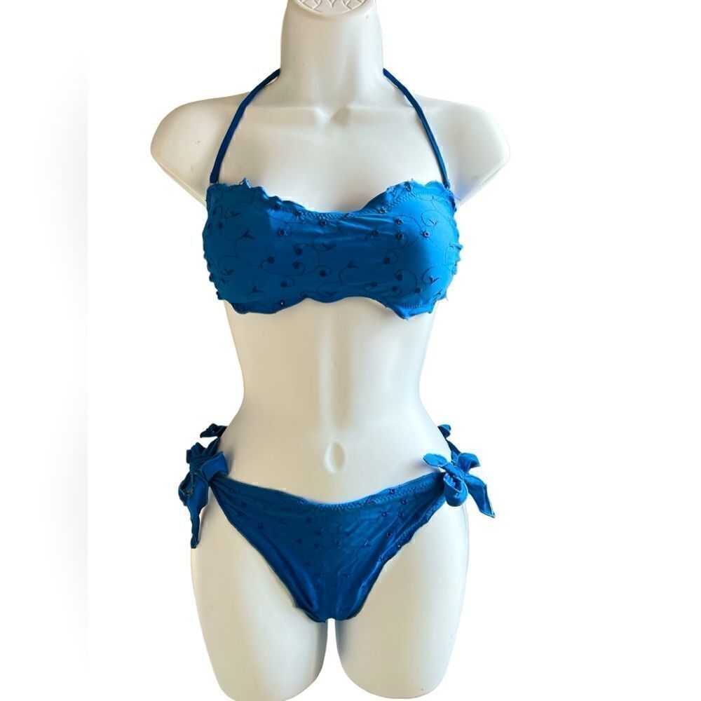 RAE Bikini Swimsuit Set In Color Royal Blue With Embroidered Decor Size L
